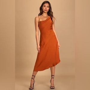 Lulus “Instant Impression” Asymmetrical Midi Dress Orange Sz S